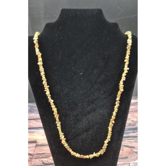 VTG Long Earth Tone Stone Beaded Necklace Green Pink Brown Knotted Closure Boho - Picture 2 of 5